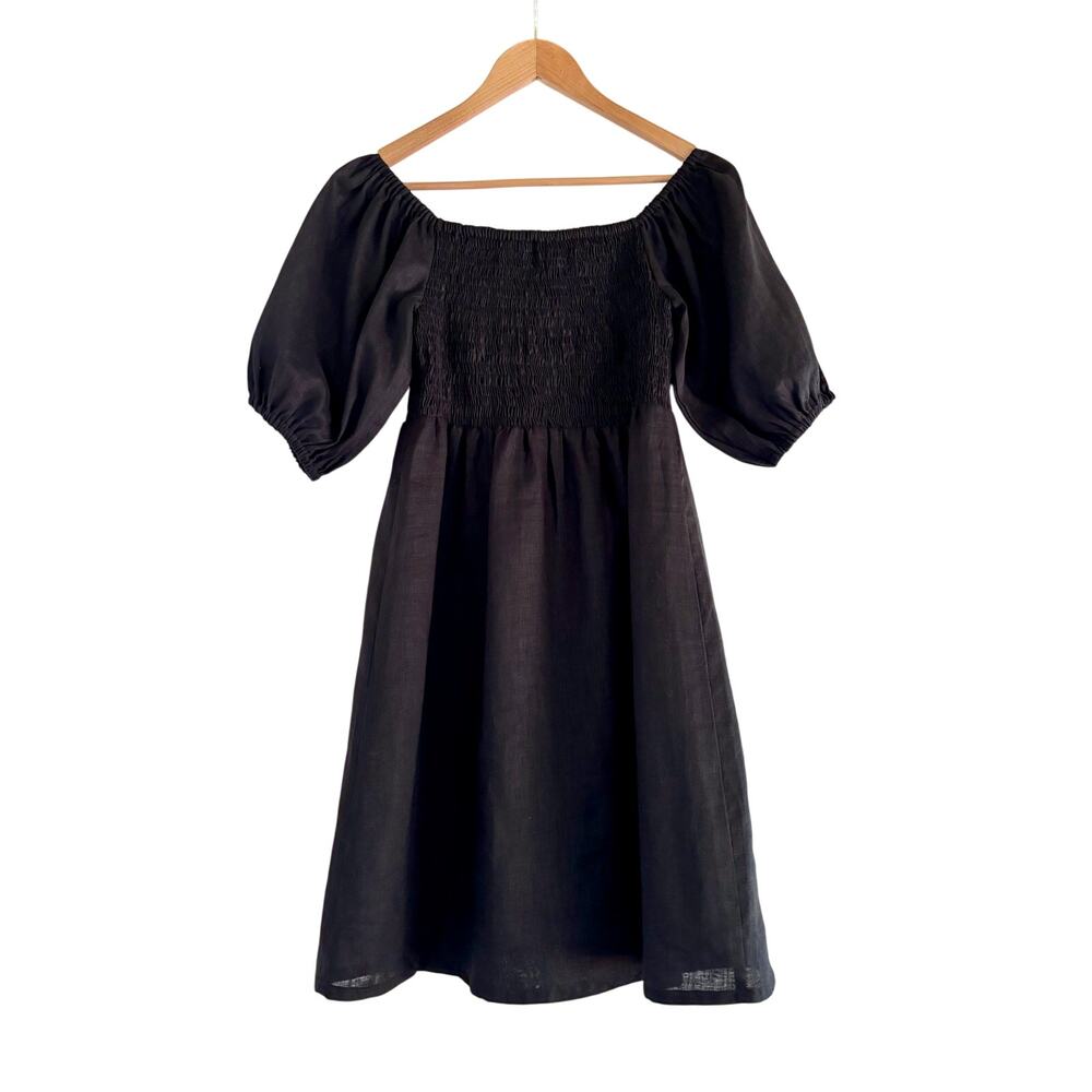 Aura The Label Black Linen Puff Sleeve Mini Dress- Size M/L, Minimalist, NWT